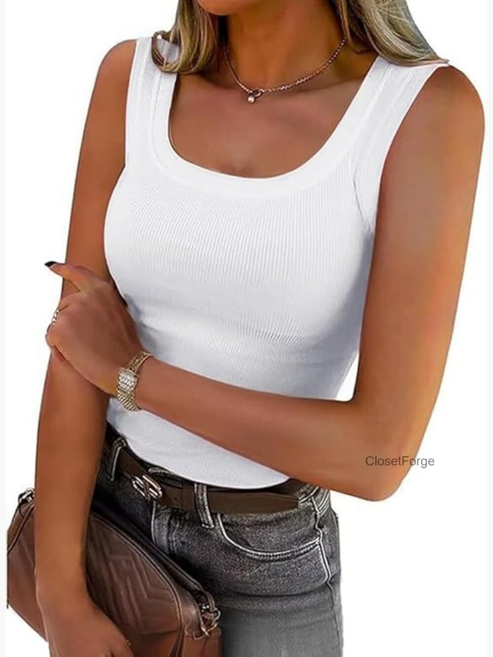 Square Neck Ribbed Knit Tank Top Sleeveless Fitted Summer Shirt Active